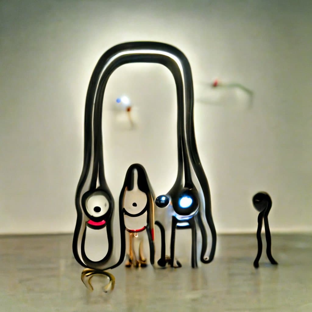 A photograph of a glass art sculpture depicting a family of four abstract, cartoon-like figures standing together. The figures have large, expressive eyes and are connected by a large arching form, resembling a family portrait.
