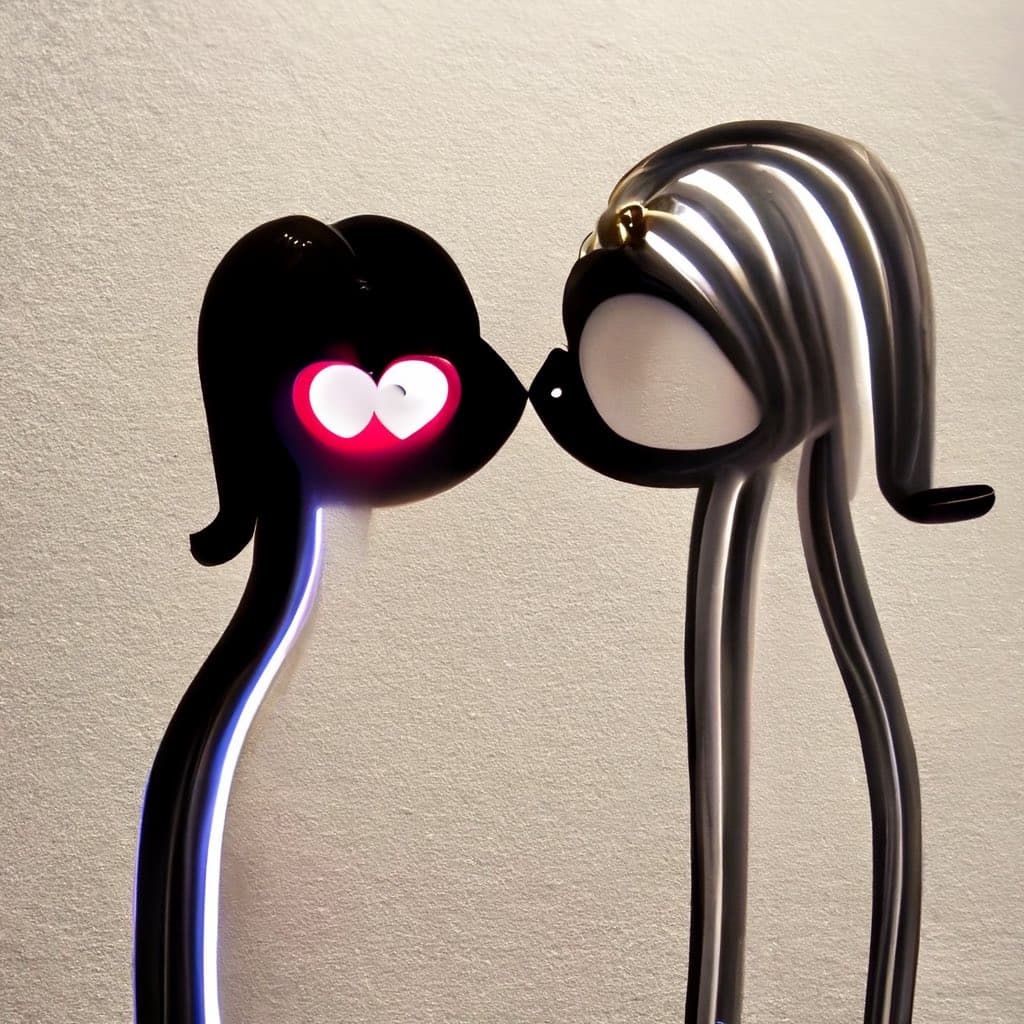 A photograph of two stylized, illuminated figures resembling the character Clippy and a companion, positioned as if kissing. The figure on the left is black with glowing red heart-shaped eyes, while the figure on the right is silver with a white face and a metallic, hair-like structure.