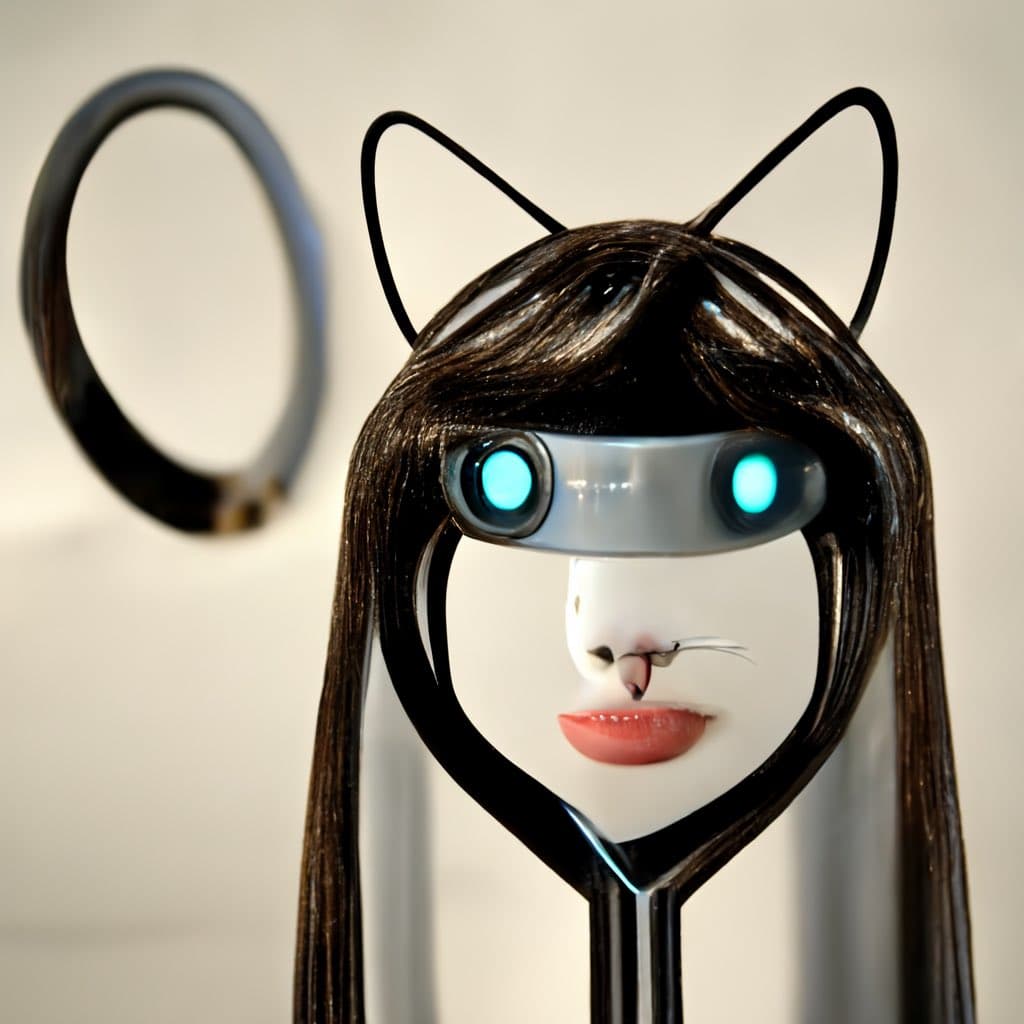 A digital artwork depicting the Microsoft Office assistant Clippy reimagined as a catgirl, featuring long brown hair, cat ears, a cat nose, and glowing blue eyes. The image is a 3D-rendered illustration with a clean, minimalist background.
