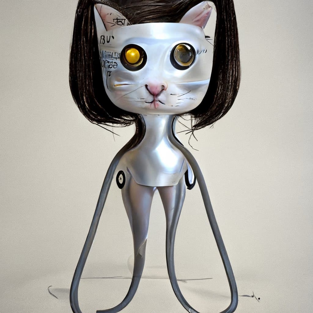A photograph of a handmade sculpture depicting a character with a white cat face, large yellow eyes, and a silver body, styled with a black bob haircut and long, thin wire limbs.