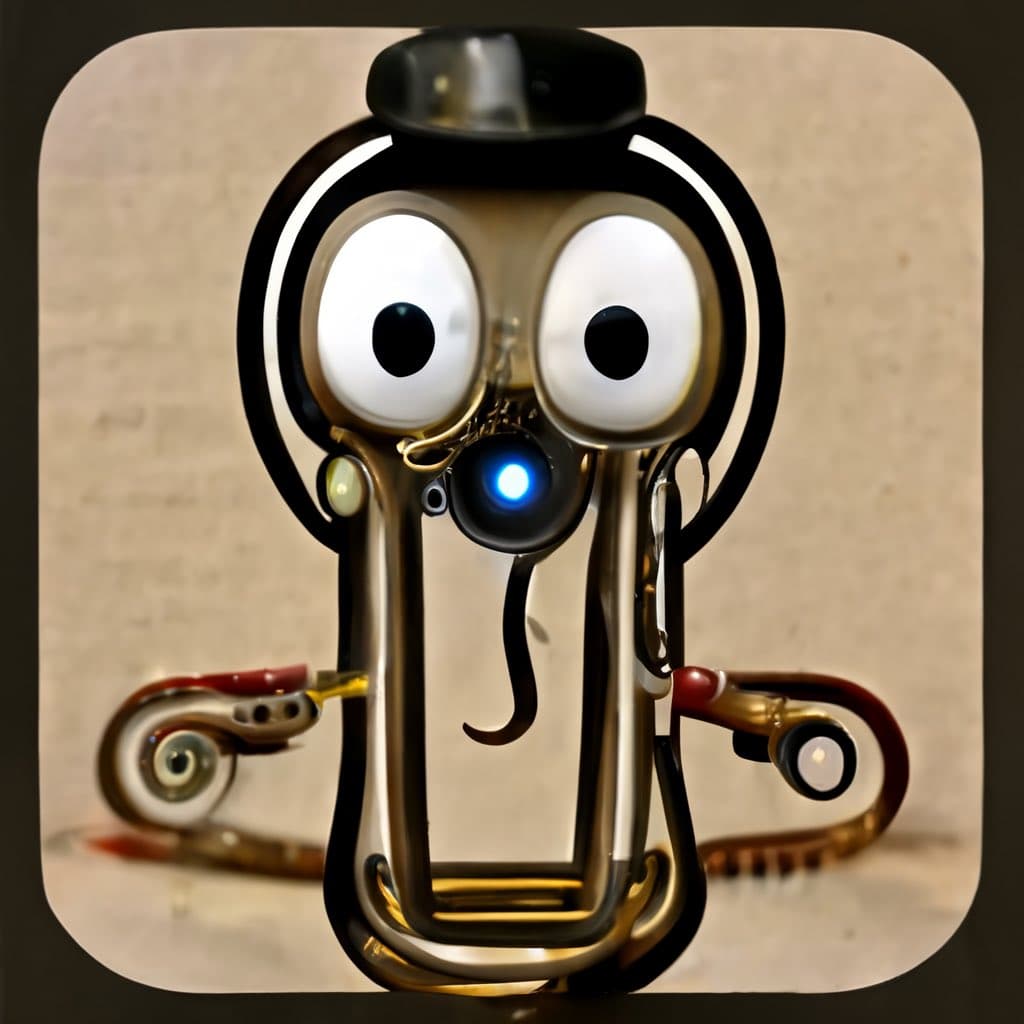 A digital illustration of a steampunk-style robot character resembling the Microsoft Office assistant Clippy, featuring brass and copper tubing, large round eyes, and a glowing blue light on its face. The character has a small top hat and articulated arms with mechanical joints, set against a plain beige background.
