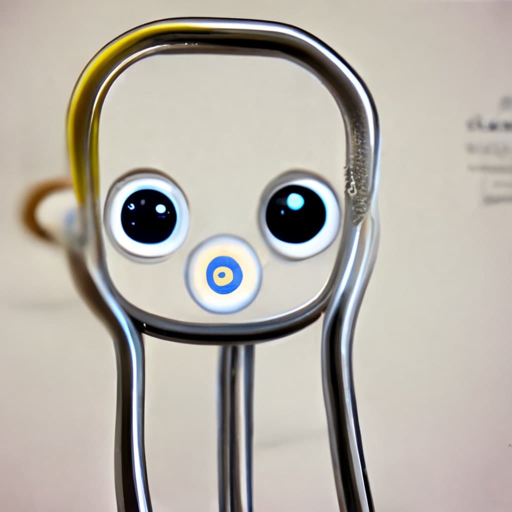 A close-up photograph of a small, silver-colored robot with a rounded head, large black eyes, and a blue circular mouth, resembling the character Clippy. The robot has thin, metallic legs and is positioned against a plain, light-colored background.