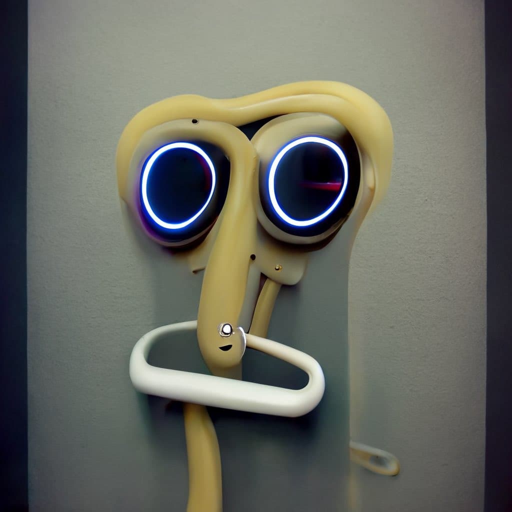 A 3D-rendered, stylized portrait of the Microsoft Office assistant Clippy, depicted with a long nose, glowing blue ring eyes, and a white loop around its neck, resembling a mugshot against a plain gray background. The image is a digital illustration rather than a photograph or text-bearing document.