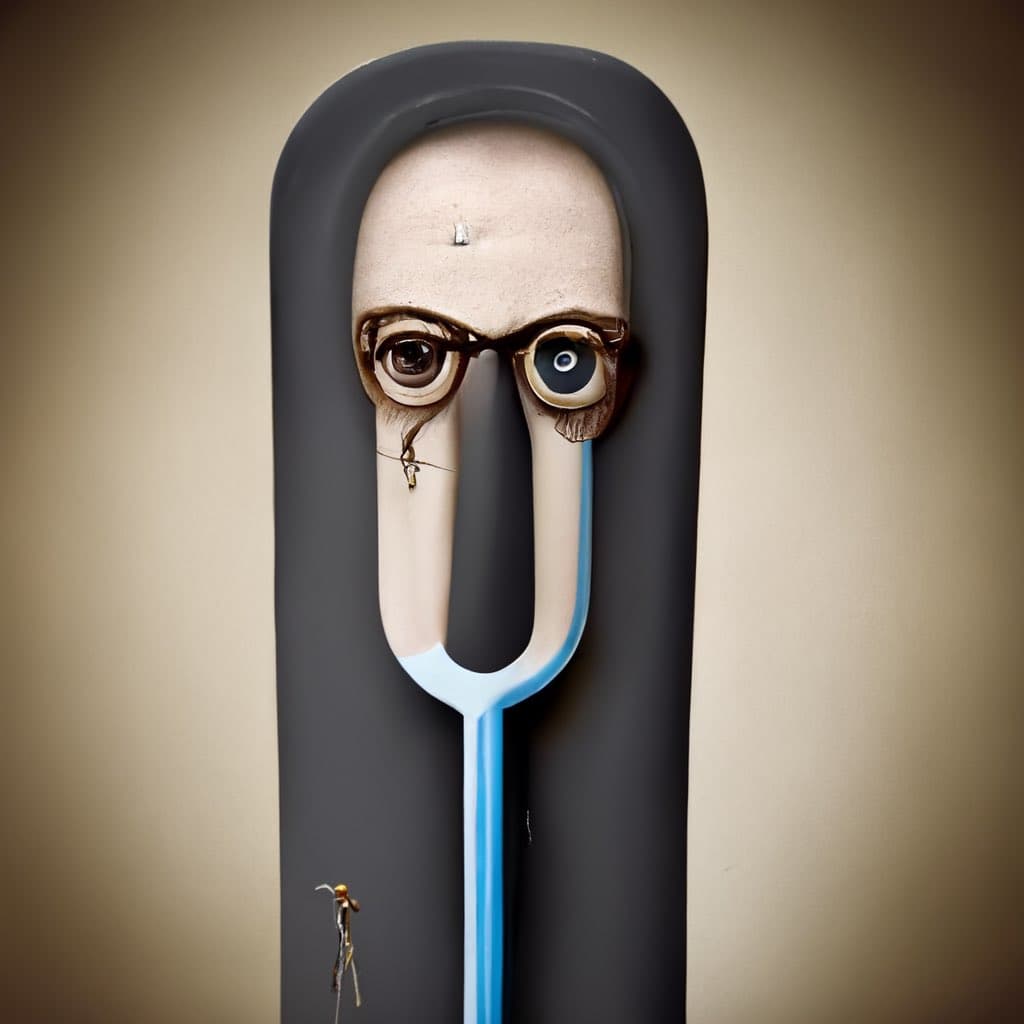 A surreal digital artwork depicting a human face with wide, staring eyes and a long, pale nose that extends down to form the handle of a blue and white paperclip. The figure is framed by a dark, rounded rectangular border against a beige background.
