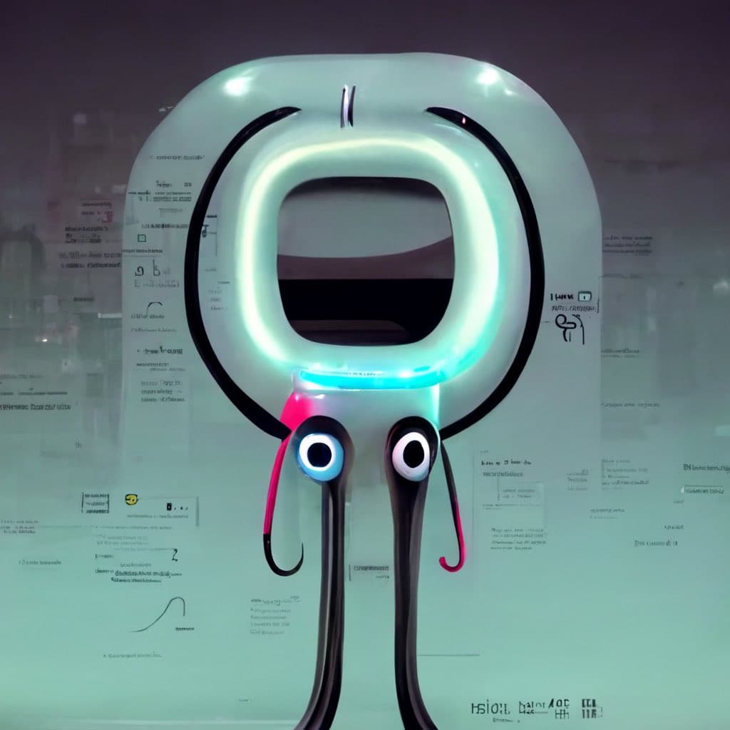 A 3D-rendered, cyberpunk-style version of the Microsoft Office assistant Clippy, featuring a glowing neon ring and robotic eyes, set against a background of a digital interface with faint text and diagrams.