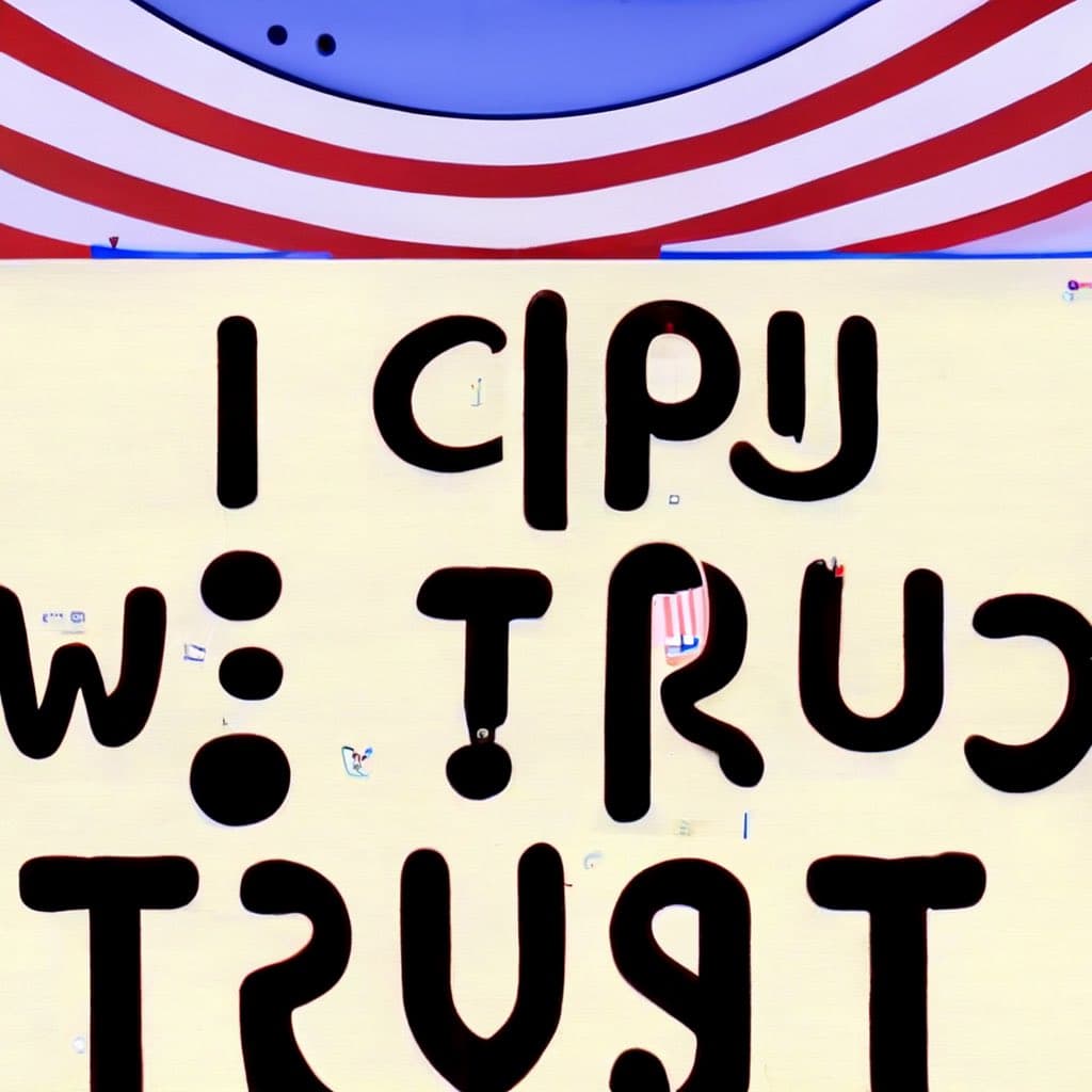 A close-up photograph of a campaign poster featuring the text "I CLIPY WE TRUST" in large black letters on a white background, with a patriotic red, white, and blue design at the top.
