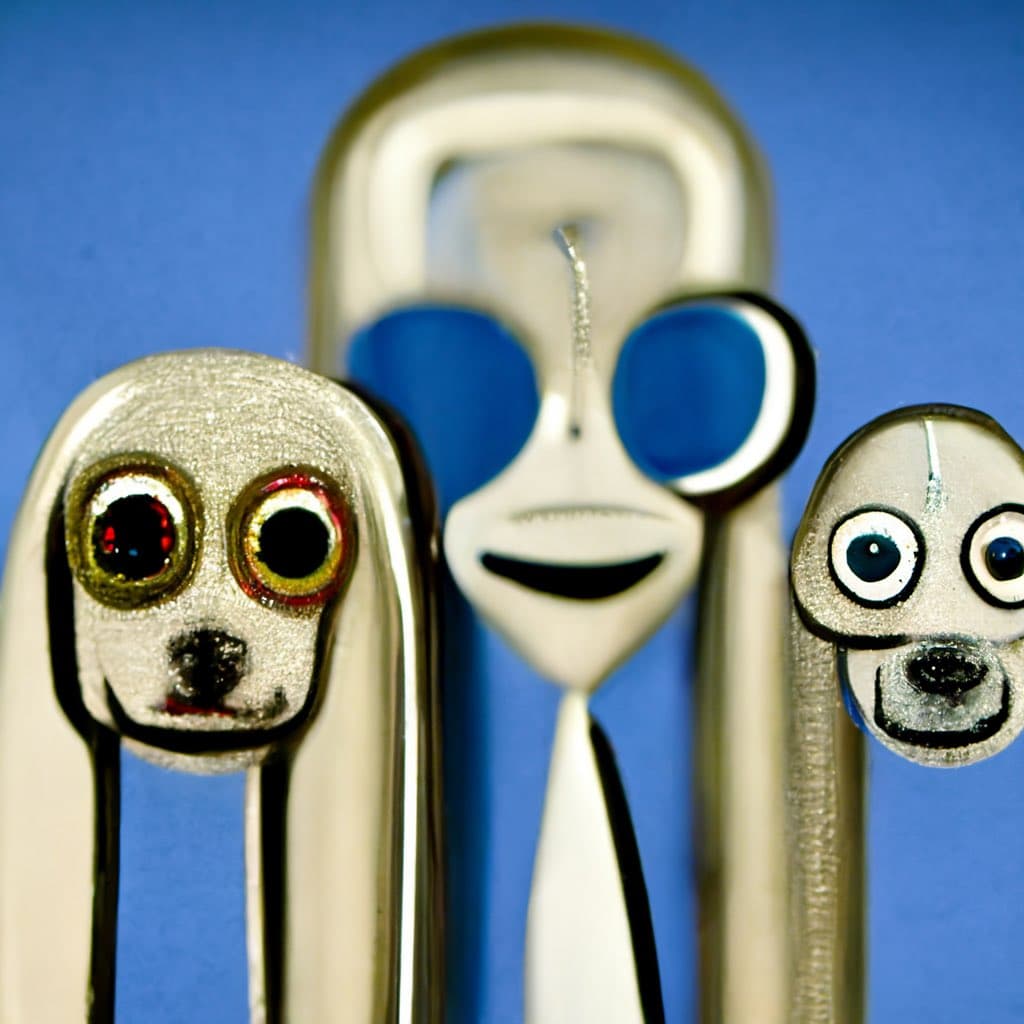 A close-up photograph of three silver paperclips decorated to look like a family, with the central figure resembling the Clippy character wearing blue sunglasses and the two smaller figures on either side resembling dogs.