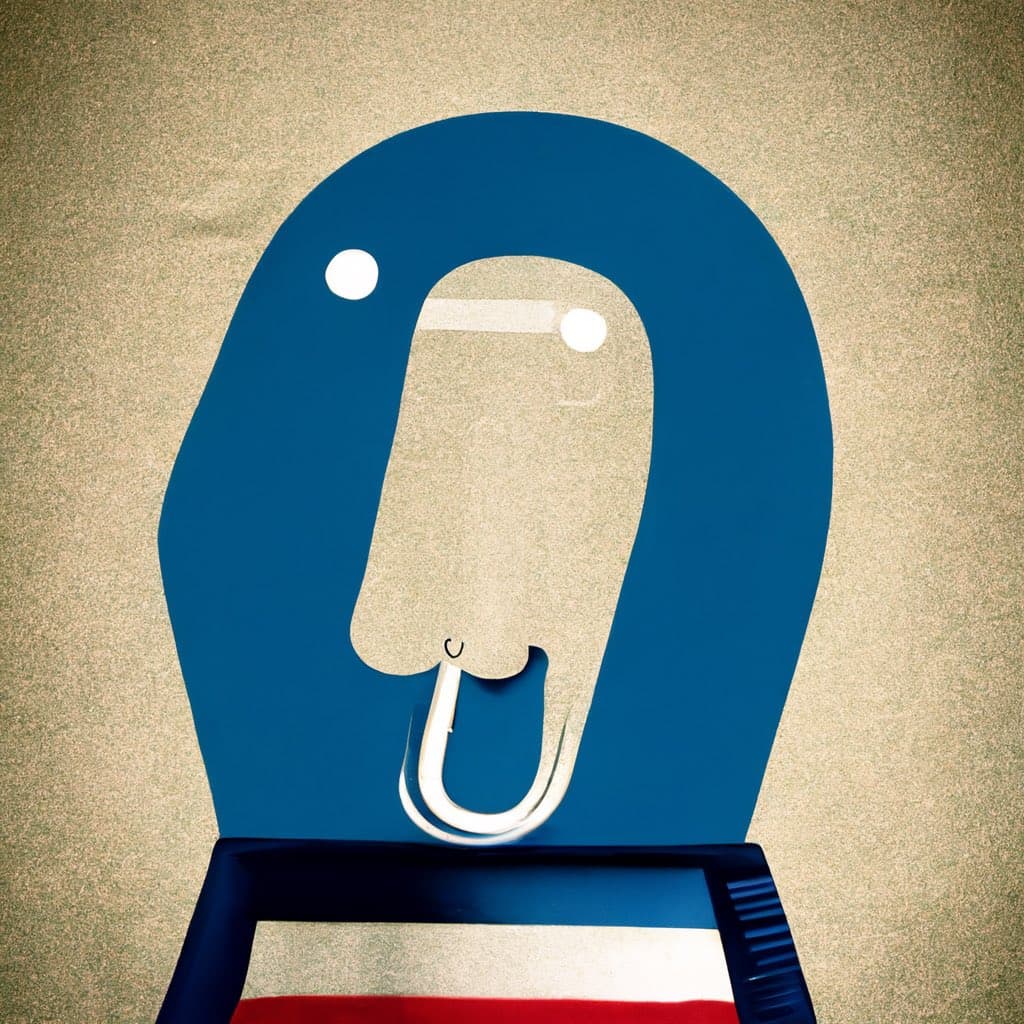 A stylized illustration of the Microsoft Office assistant Clippy, depicted as a blue paper cutout with a white paperclip for a mouth, emerging from a computer monitor. The image has a textured, vintage-style background.