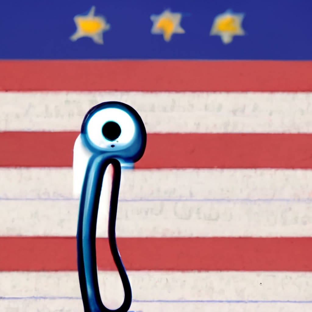A digital illustration of the Microsoft Office assistant Clippy standing in front of a stylized American flag background. The image features Clippy's characteristic blue paperclip body and single eye, set against red and white stripes and a blue field with three yellow stars.