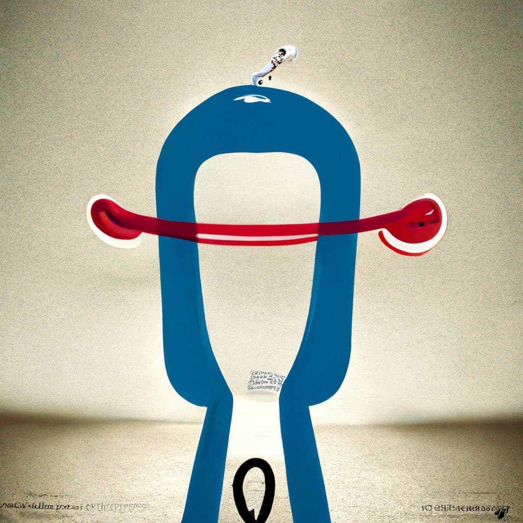 A digital illustration of a blue, U-shaped character with a long red tongue sticking out, set against a textured beige background. The image appears to be a stylized poster or artwork featuring a whimsical, abstract figure.