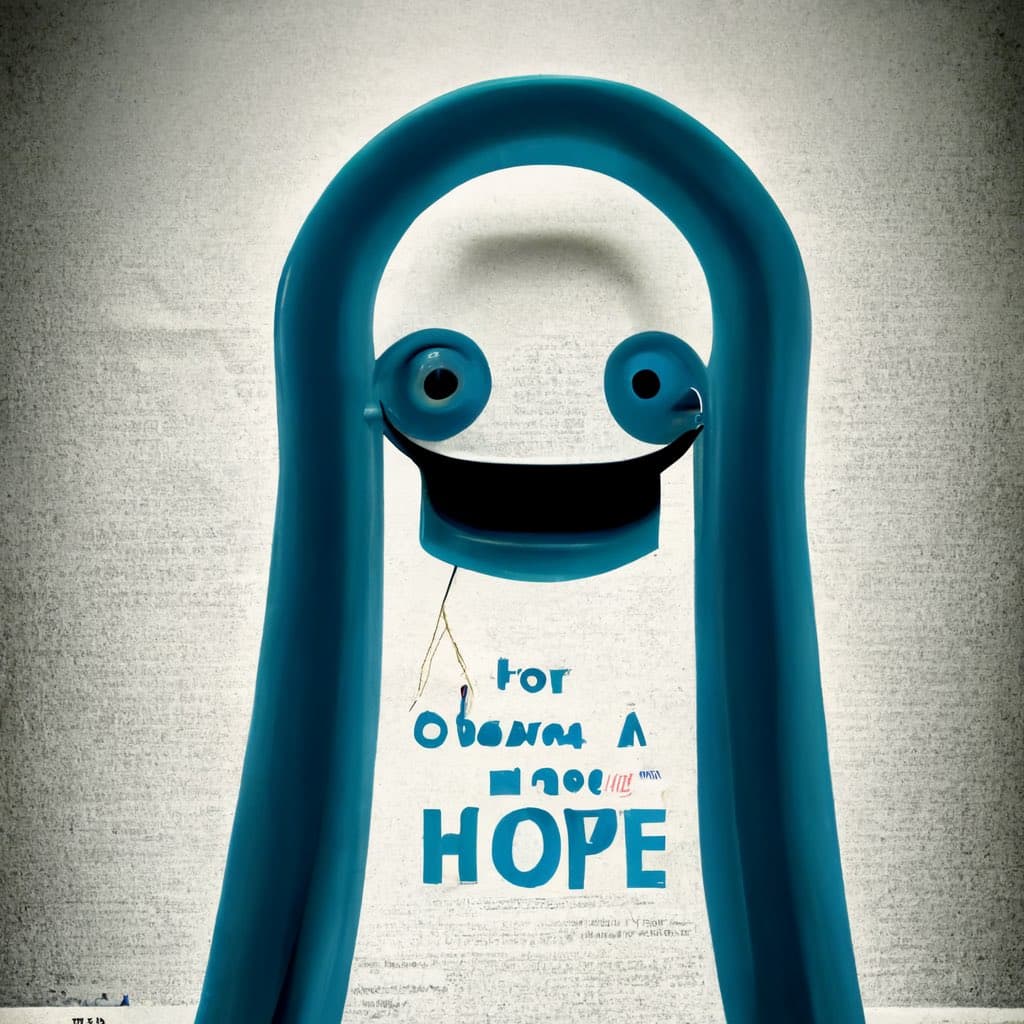A digital artwork depicting the Microsoft Office assistant Clippy as a smiling face, with its blue paperclip body forming the outline of a head. Below the face, blue text reads "for Obama 2008 HOPE" on a textured, newspaper-like background.