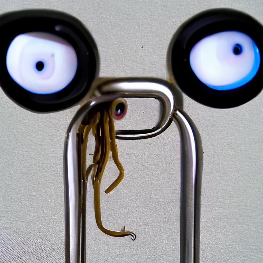 A close-up photograph of a novelty Clippy paperclip with large, googly eyes attached to its top, giving it a drunken or disoriented appearance. A small, yellow, worm-like object with its own tiny eye is draped over the clip's center, enhancing the humorous, intoxicated theme.