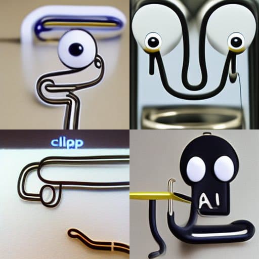 A four-panel collage of AI-generated images depicting the Microsoft Office assistant Clippy as a black wire figure with googly eyes, shown in various poses and settings. One panel includes the text 'clipp' on a screen, and another shows the figure with the letters 'AI' on its body.