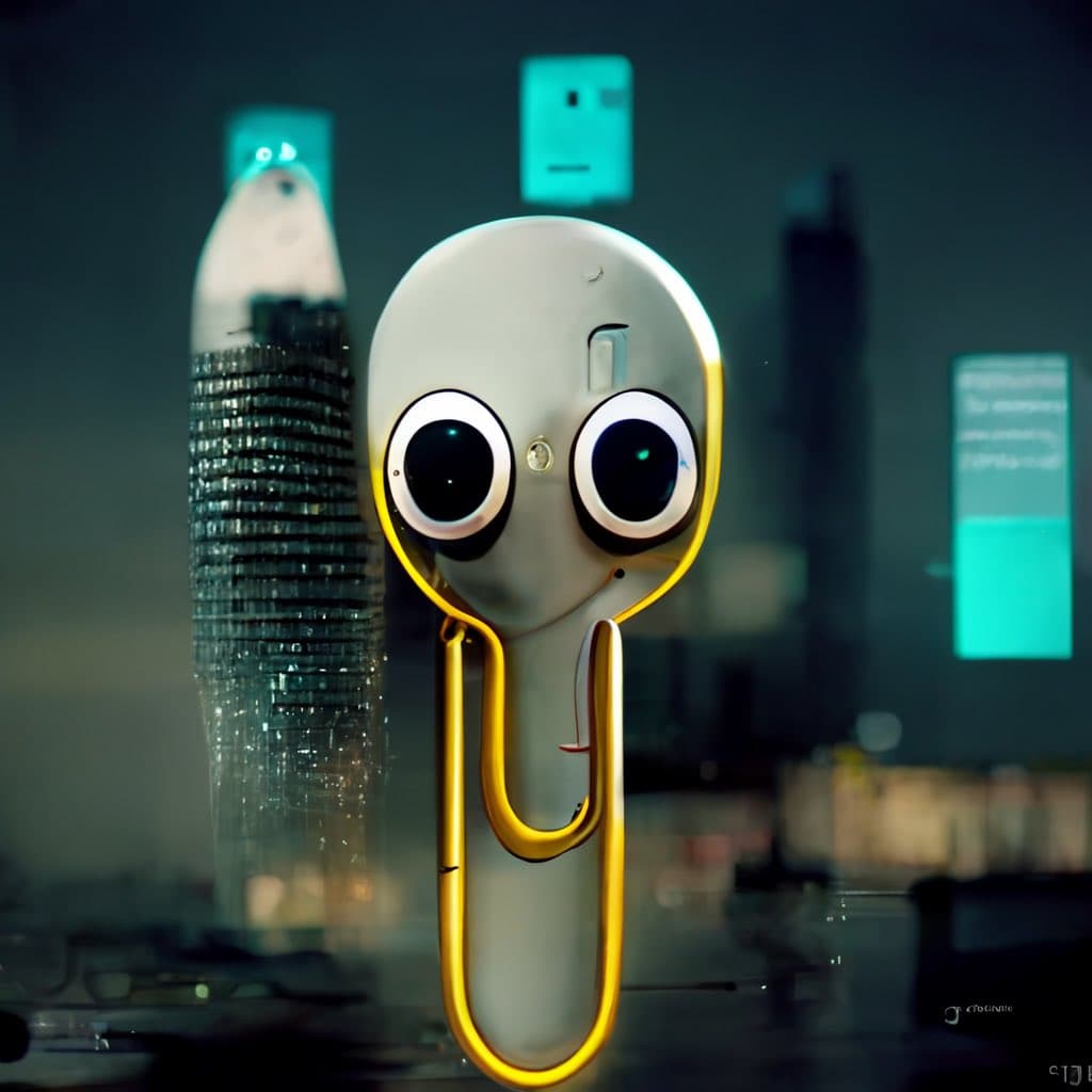 A digital illustration of a stylized, anthropomorphic paper clip with large, expressive eyes and a metallic gold body, set against a blurred, futuristic cityscape at night. The character resembles the classic Microsoft Office assistant, Clippy, reimagined with a sleek, modern design.