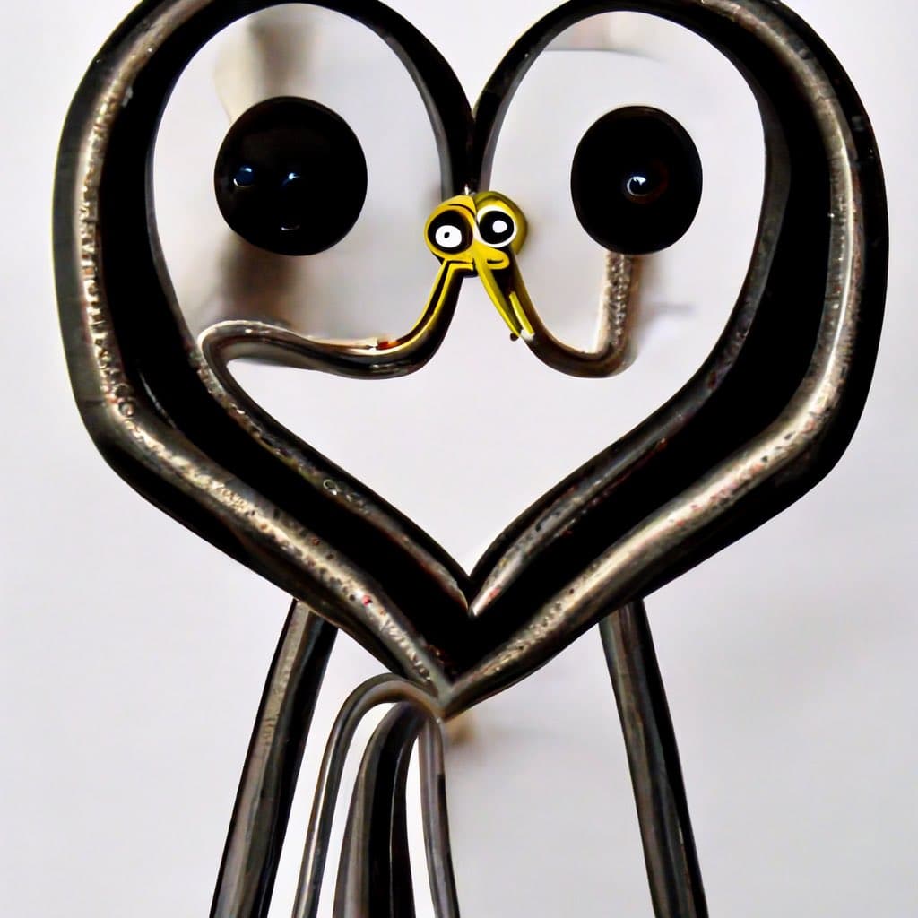 A digital image showing a heart-shaped metal sculpture with googly eyes and a sad mouth, with a small, yellow cartoon version of the character Clippy superimposed on its face.