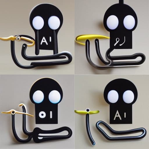 A four-panel grid showing variations of a black, keyhole-shaped object with large white eyes and a yellow beak-like appendage, resembling a stylized bird or character. The object has a curved black base and different markings on its face, including the letter 'A' and other symbols. The post text suggests these are AI-generated variations that the user finds reminiscent of a skull emoji.