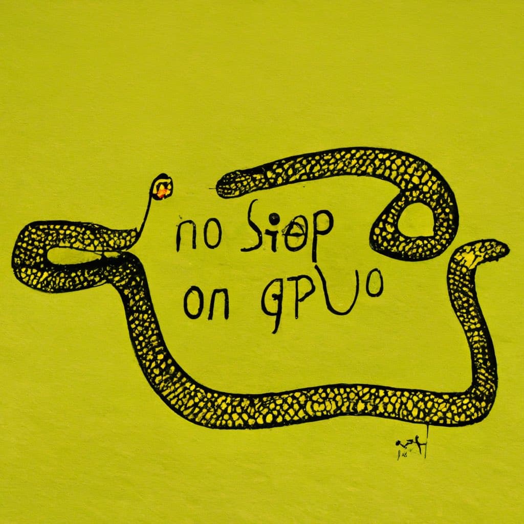 A hand-drawn illustration of a coiled snake with a forked tongue on a yellow background. The text "no sleep on GPU" is written in black marker inside the loop of the snake's body.