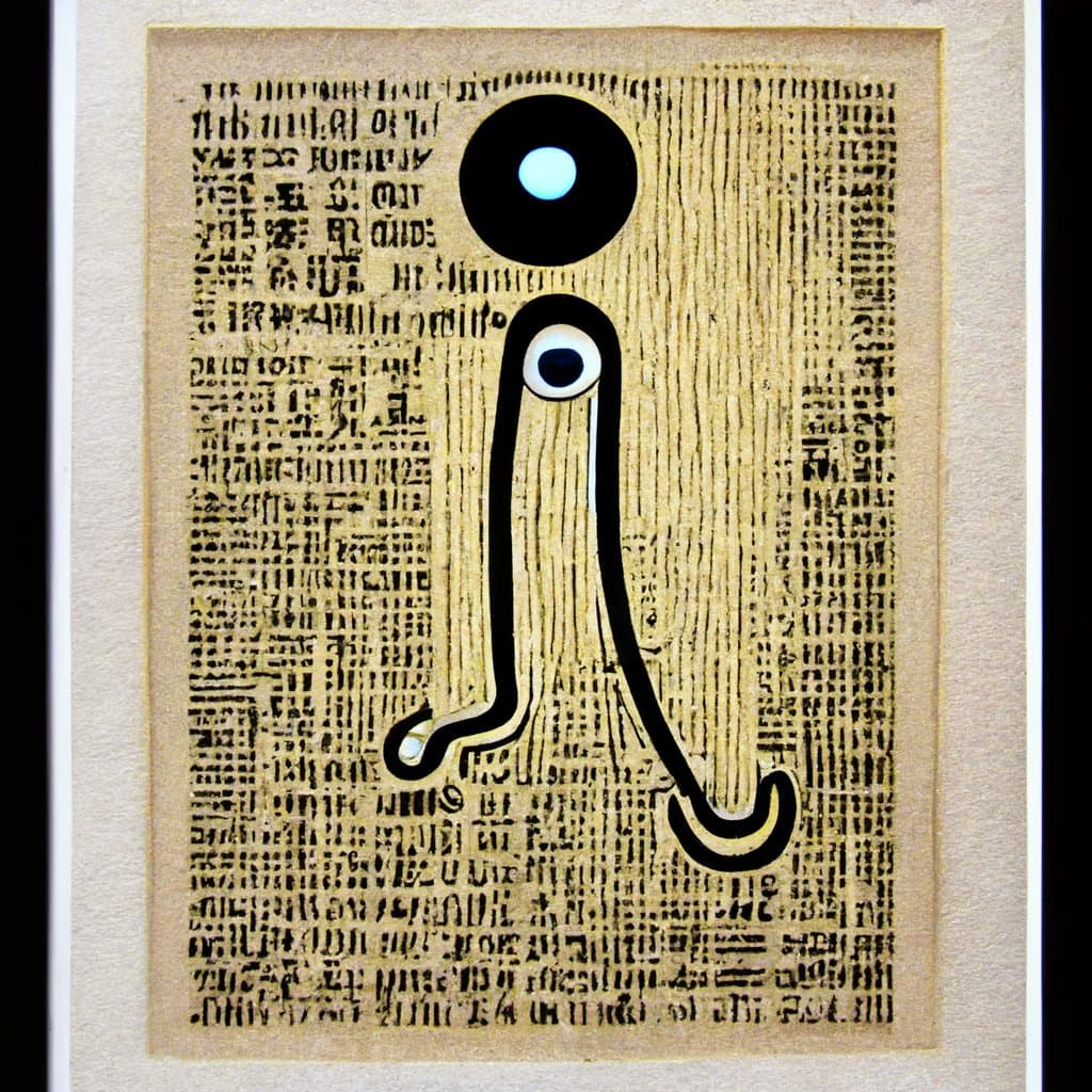 A framed piece of art featuring a large, stylized lowercase letter "i" with a single eye, set against a background of dense, illegible text. The letter's dot is a large black circle with a blue center, and the letter itself has a thick black outline with a textured, wood-grain fill.