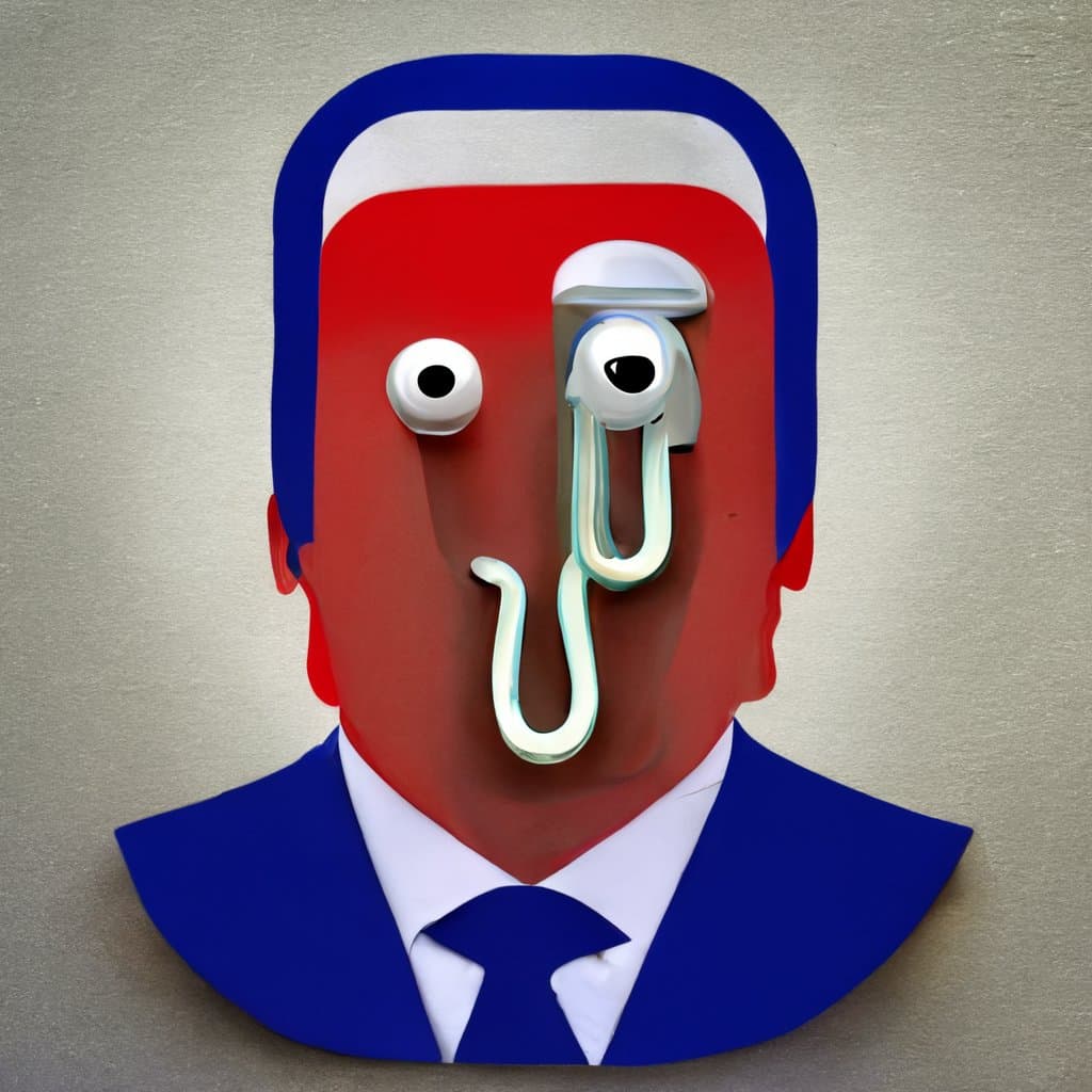A digital illustration of a stylized, red-faced man in a blue suit and tie, with the paperclip character Clippy integrated into his face as a nose and mouth. The image is a satirical portrait combining a political figure's likeness with the Microsoft Office assistant.
