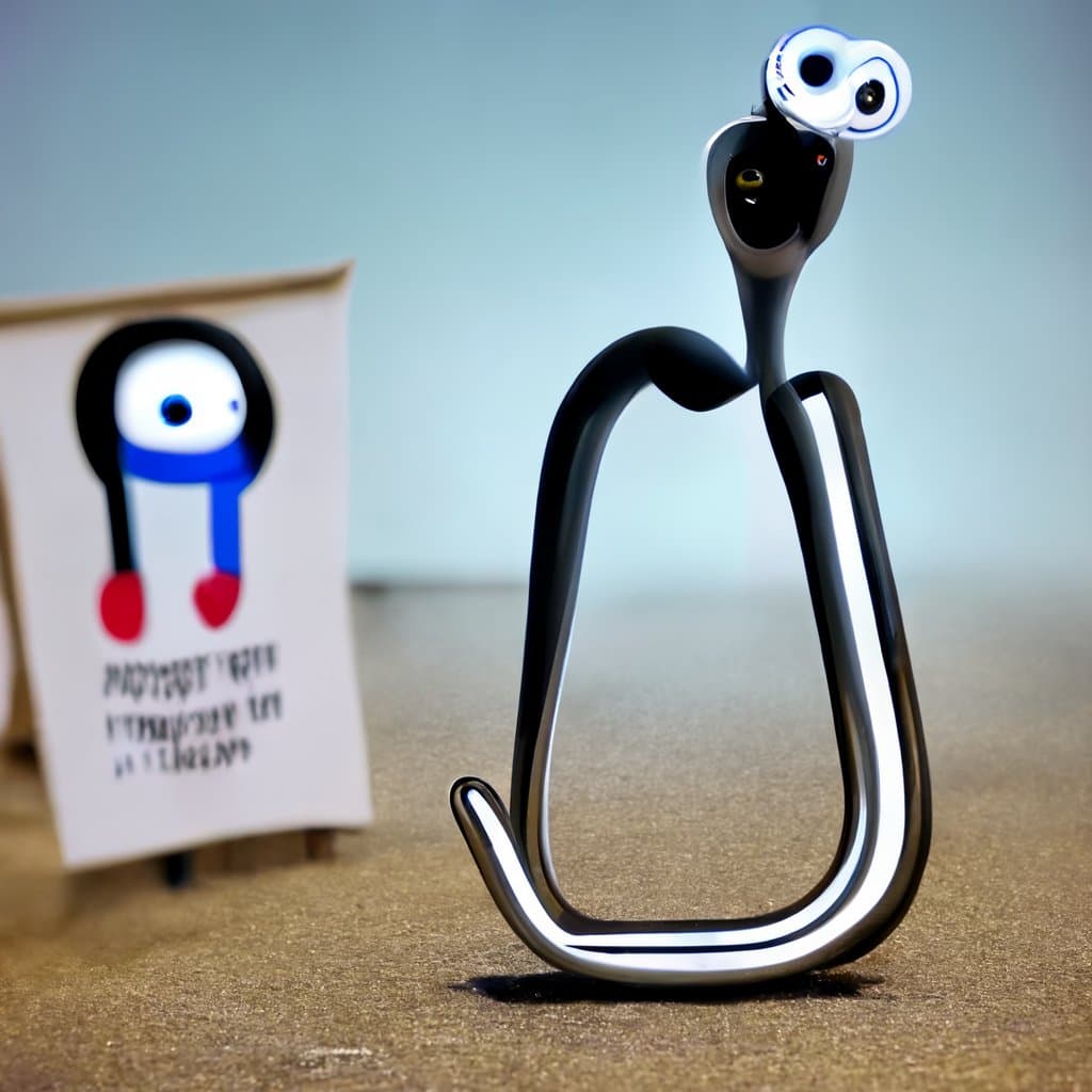 A 3D-rendered figure resembling the Microsoft Office assistant Clippy, with a black body and googly eyes, stands next to a protest sign. The sign features a cartoon penguin wearing a blue scarf and red mittens, with blurred text below the image.
