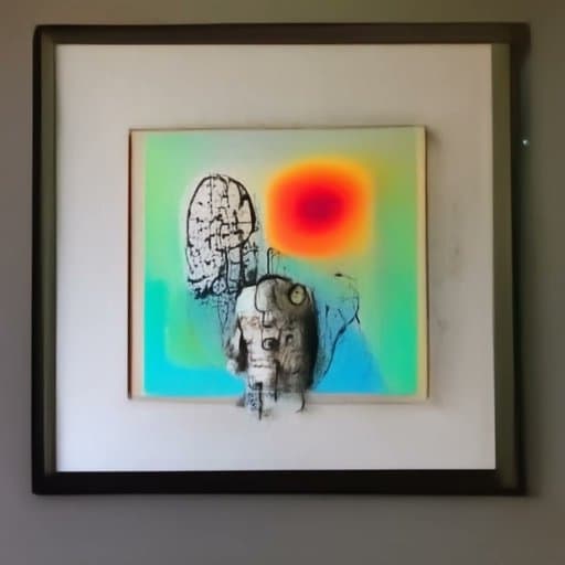 A framed piece of abstract art hanging on a wall, featuring a sketch of a robot-like figure and a brain next to a glowing red and orange orb against a blue and green background.