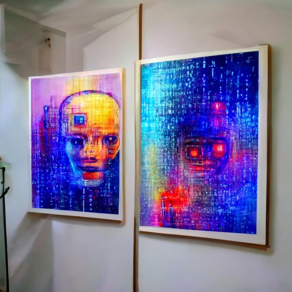 Two framed digital art pieces hang on a white wall, each depicting a stylized, pixelated human face with vibrant, glitch-art colors. The left portrait features a yellow and purple face, while the right portrait shows a blue and red face with glowing eyes.