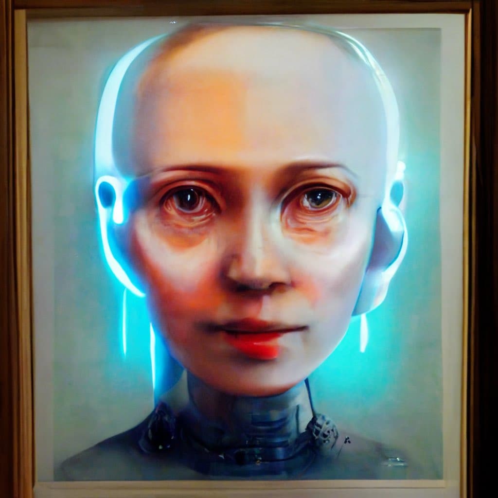 A framed painting of a humanoid robot head with a smooth, pale face, glowing blue accents around the ears and neck, and a mechanical collar. The artwork is displayed in a wooden frame against a dark background.
