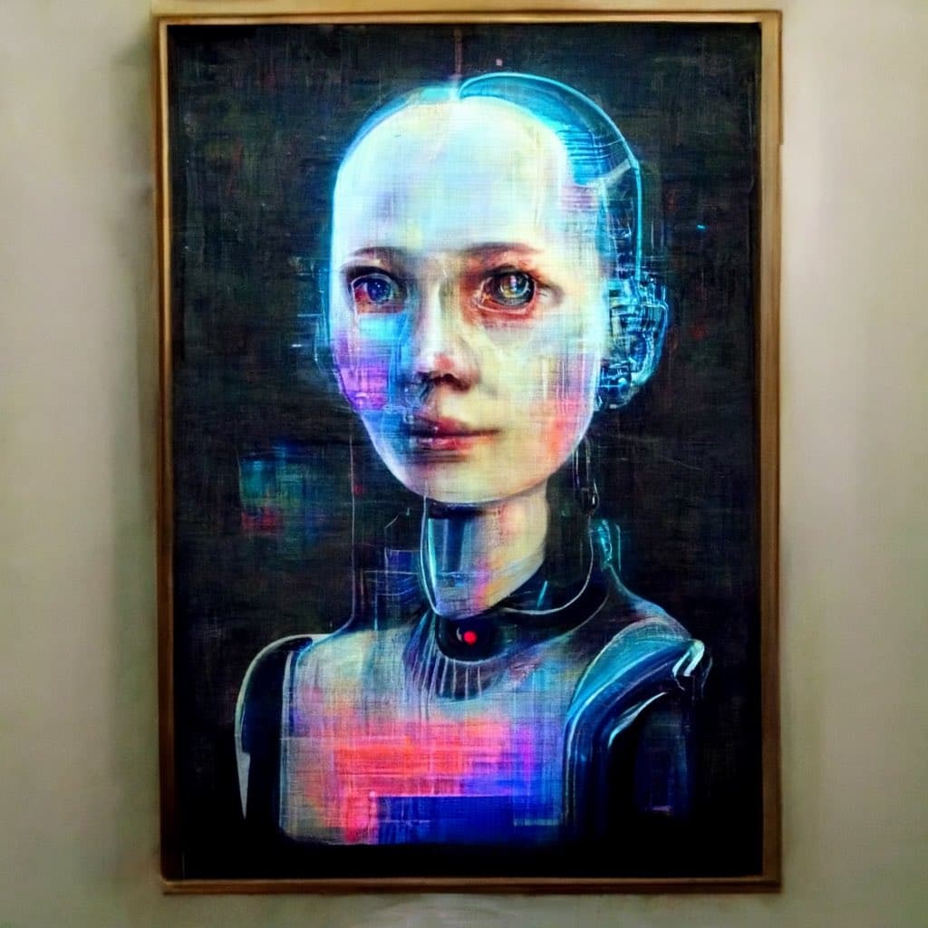 A framed digital art print depicting a humanoid robot with a pale, human-like face and a visible mechanical neck and chest, set against a dark background. The image features a glitch-art aesthetic with horizontal scan lines and vibrant blue, pink, and purple color distortions across the figure's face and torso.