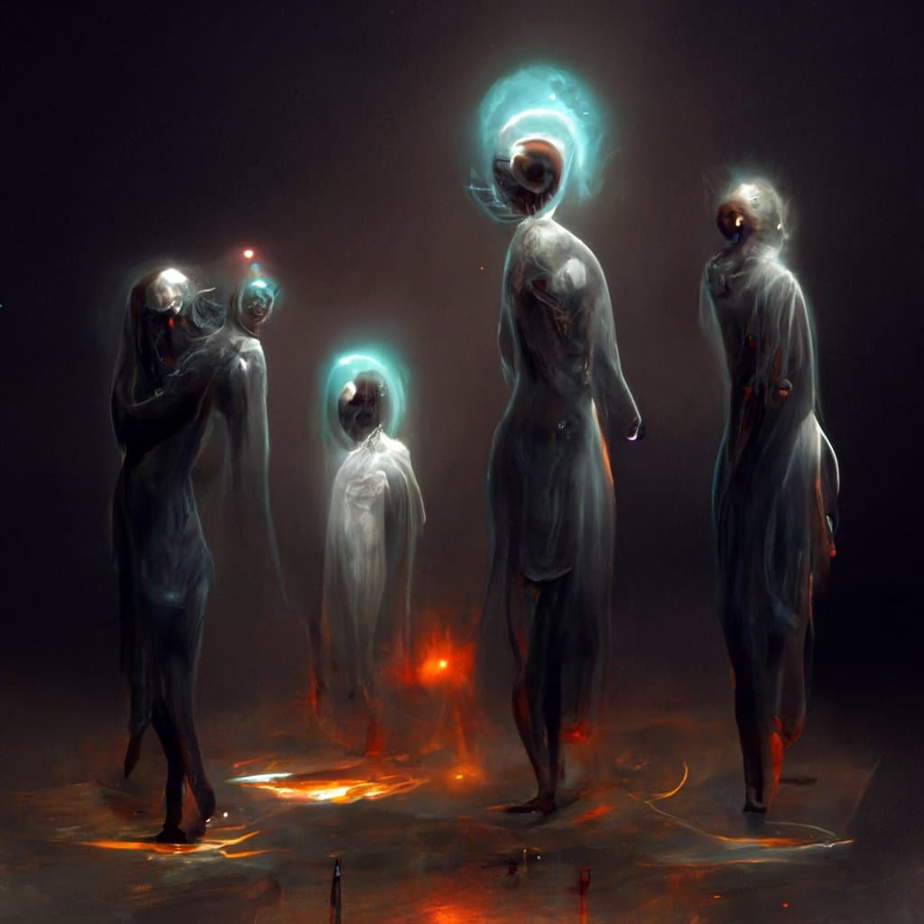 A dark, surreal digital artwork depicting four ghostly, humanoid figures standing in a dimly lit space. The figures have glowing, ethereal halos around their heads and appear to be made of smoke or light, with orange and blue accents illuminating the scene.