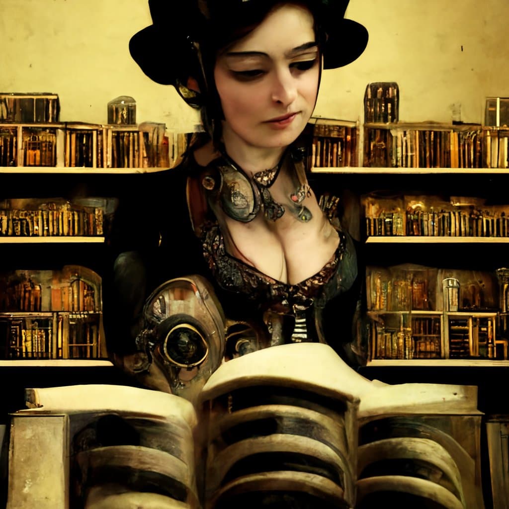 A digital illustration of a woman in steampunk attire, including a hat and mechanical accessories, reading a large open book in a library setting. The background features shelves filled with books and glass jars.