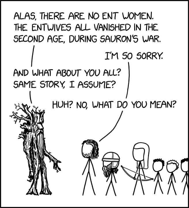 A black-and-white xkcd-style stick figure comic depicting a conversation between a tree-like Ent character and a group of other fantasy characters. The Ent explains that there are no female Ents, to which the group responds with confusion.