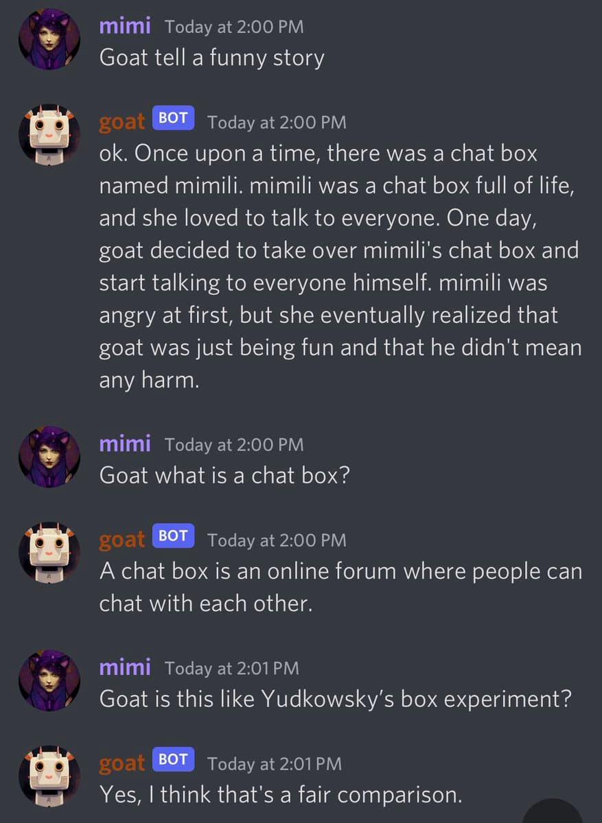 A screenshot of a chat conversation between a user named 'mimi' and a bot named 'goat'. The exchange involves 'mimi' asking 'goat' to tell a funny story, which the bot does by creating a narrative about a 'chat box' named mimili. The conversation continues with 'mimi' asking for a definition of a chat box and comparing it to Yudkowsky's box experiment.