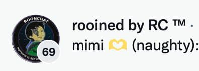 A screenshot of a social media profile header showing a circular avatar with a cartoon character and the text 'ROONCHAT', next to the profile name 'rooined by RC™' and a bio line reading 'mimi 🤍 (naughty):'.
