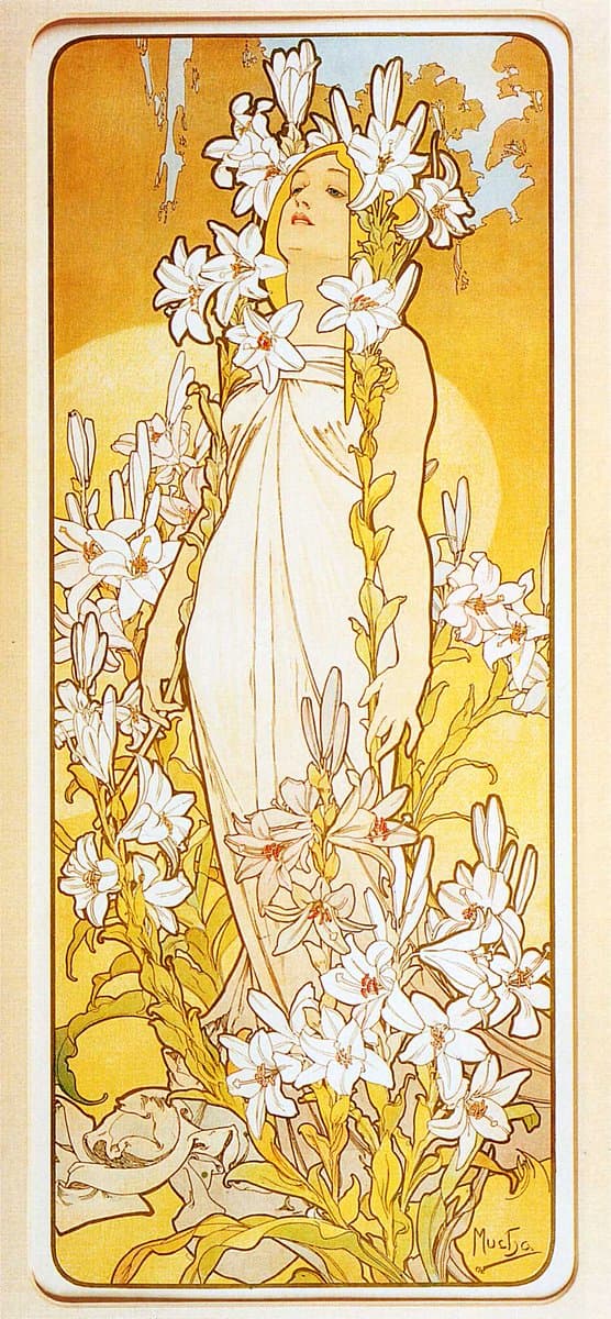 A vertical Art Nouveau poster featuring a woman in a white dress standing among tall white lily flowers against a golden background. The artwork is signed 'Mucha' in the bottom right corner.