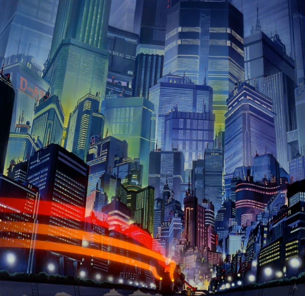 A stylized, animated illustration of a dense, futuristic city skyline at night, featuring towering skyscrapers with glowing windows and a prominent red and orange elevated structure in the foreground.