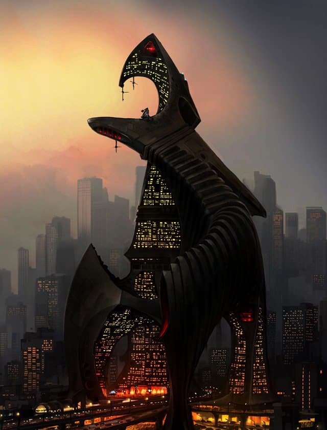 A digital illustration of a massive, dark, dragon-like creature with glowing yellow windows in its body, towering over a city skyline at dusk. The creature's open mouth reveals red lights, and its form resembles a futuristic, architectural structure. The background shows a hazy cityscape with numerous skyscrapers and illuminated streets.