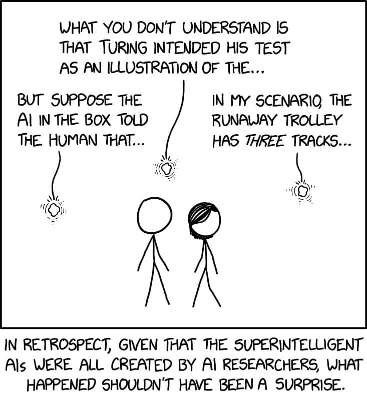 A black-and-white xkcd comic featuring two stick figures with thought bubbles above them. The comic is titled 'Superintelligent AIs' and includes a caption at the bottom. The main panel shows the figures thinking about different interpretations of the Turing Test and the trolley problem.