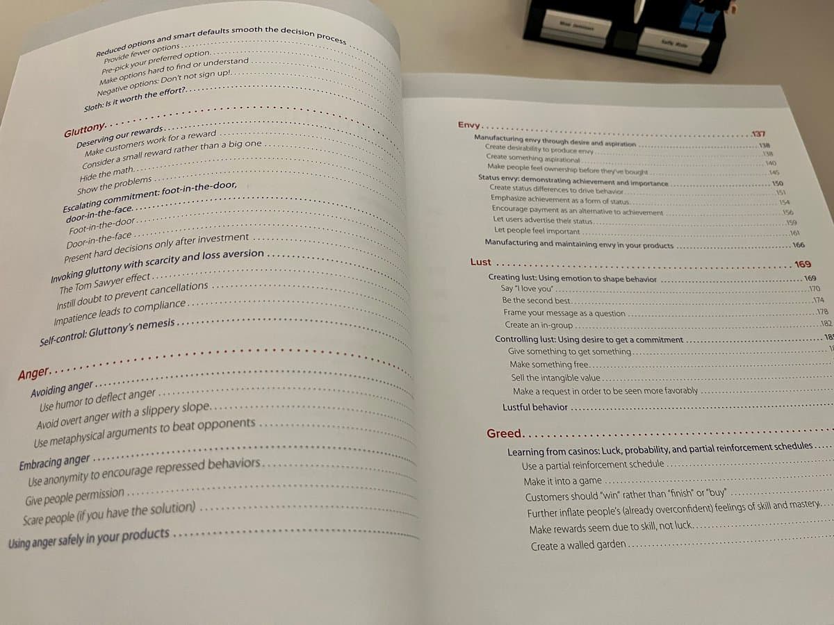 A photograph of an open book displaying a table of contents with sections on psychological concepts like Gluttony, Anger, Envy, Lust, and Greed. The text is organized into chapters with dotted leaders connecting entries to page numbers.