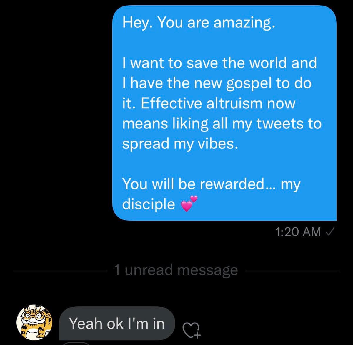 A screenshot of a text message conversation showing a blue message bubble with a humorous, cult-like pitch and a gray reply bubble. The image is a meme format illustrating a 'two types of people' scenario.