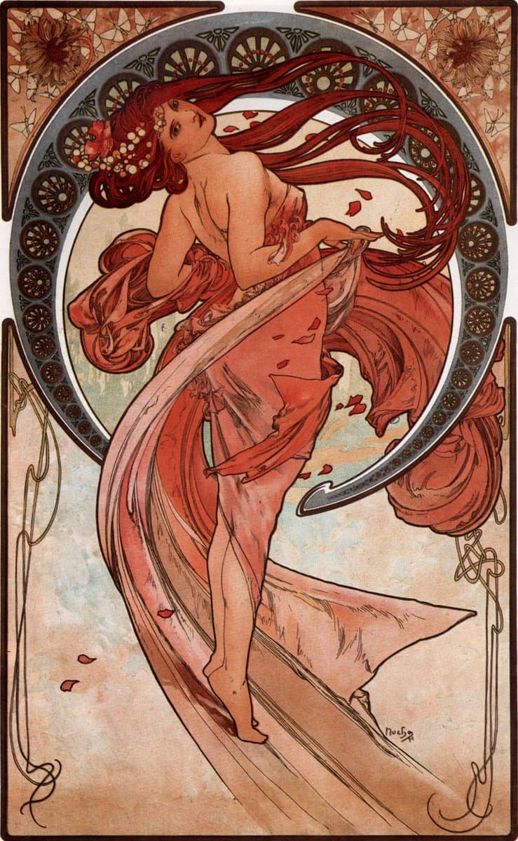 A reproduction of Alphonse Mucha's 1898 Art Nouveau poster 'Dance,' depicting a woman with long red hair and a flowing red dress dancing within an ornate, circular frame.