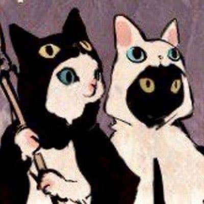 A digital illustration of two people wearing black-and-white cat hoodies standing side-by-side. The person on the left wears a black hood with white markings and holds a wooden stick, while the person on the right wears a white hood with black markings.