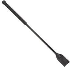 A black, extendable baton with a textured grip and a flat, paddle-like end is shown diagonally against a white background. The object appears to be a tactical or self-defense tool.