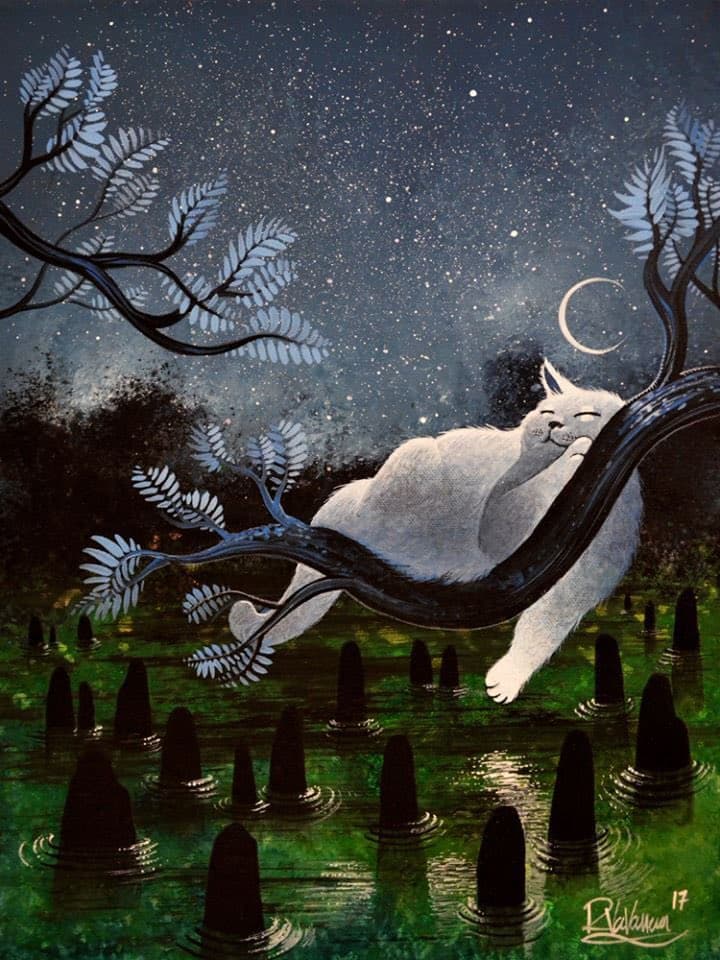 A whimsical digital painting of a white cat sleeping on a tree branch at night, with a starry sky, a crescent moon, and a green, swamp-like landscape below. The image is signed 'R. Balaban 17' in the bottom right corner.