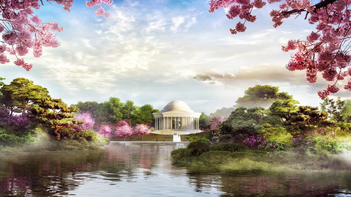 A digital illustration depicting the Jefferson Memorial at the Tidal Basin in Washington, D.C., surrounded by lush greenery and blooming pink cherry blossom trees under a cloudy sky. The scene is framed by cherry blossom branches in the foreground, with mist rising from the water's edge.