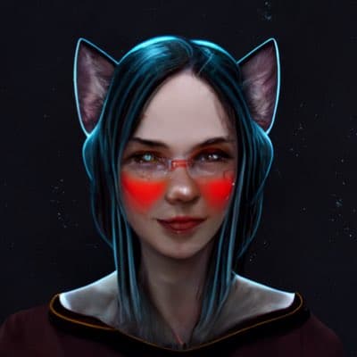 A digital portrait of a person with blue hair, cat ears, and glowing red glasses, set against a dark background. The image appears to be an AI-generated profile picture.