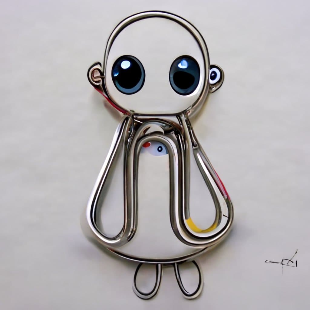 A whimsical, 3D-rendered character resembling a small robot or alien, constructed from bent, metallic paperclips. It has a large, round head with two big, glossy blue eyes and a smaller, secondary eye on its side, with a body formed by looped wire and two small feet at the bottom.