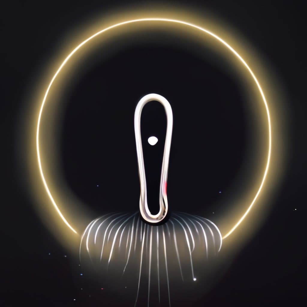A digital illustration of a stylized, glowing white paperclip standing upright on a coiled base, framed by a large, luminous golden ring against a black background. The image has a minimalist, futuristic aesthetic with soft lighting effects.