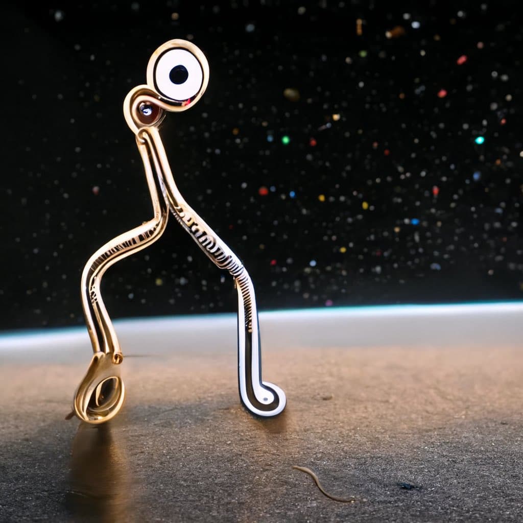 A close-up photograph of a small, gold-colored metal sculpture shaped like a walking figure with a single large eye, standing on a textured surface against a dark, speckled background.