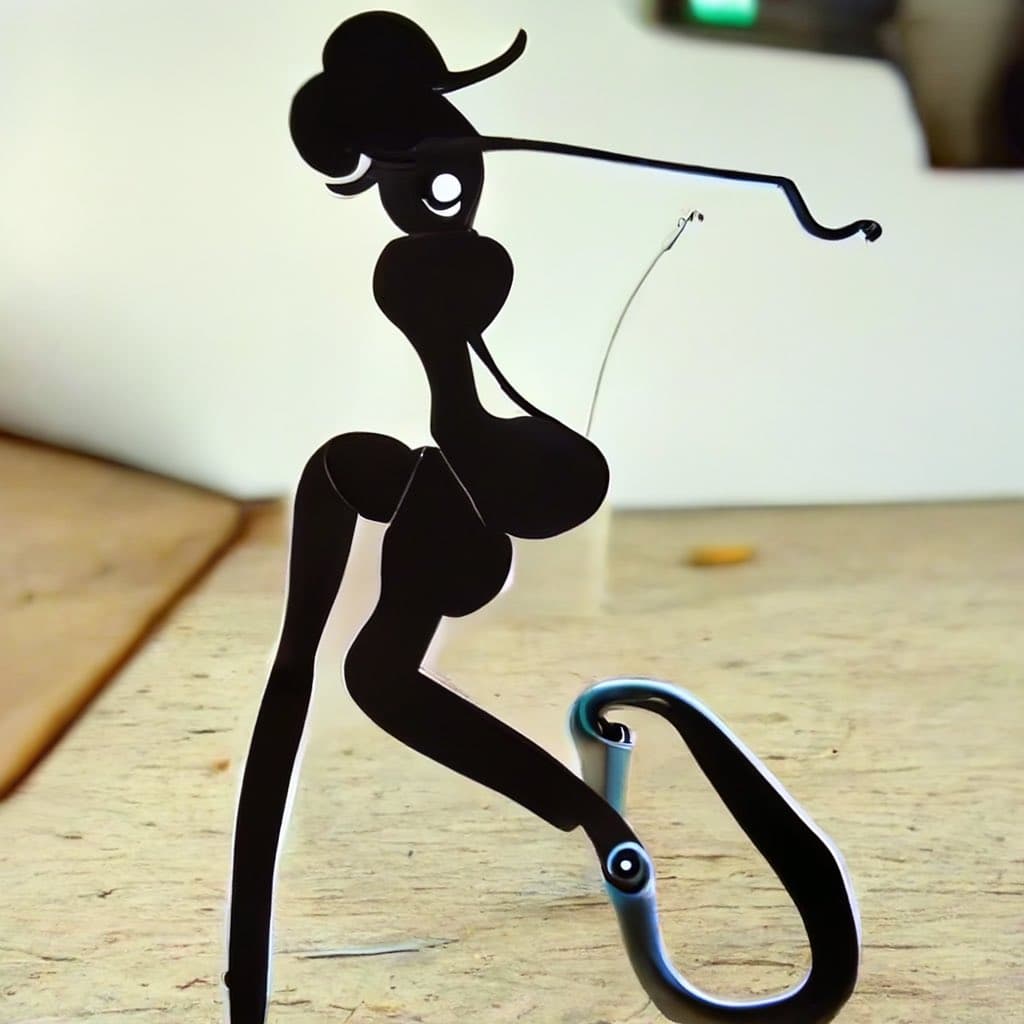 A black, stylized metal cutout of a cartoon woman in a dynamic pose, standing on a wooden surface. The figure has an exaggerated hairstyle and is holding a thin wire, with one foot resting on a blue and black carabiner clip.
