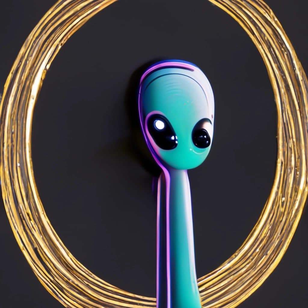 A 3D-rendered illustration of a teal alien head with large black eyes, positioned in front of a golden, circular ring against a dark background. The alien has a long, slender neck and a smooth, glossy surface with purple highlights.